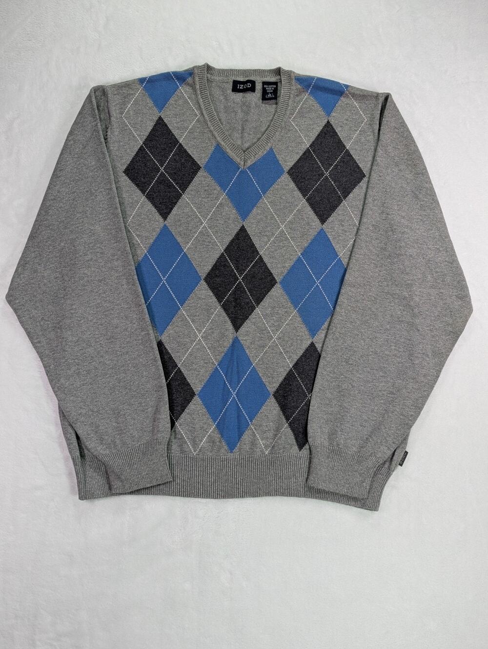 IZOD Men's Large Argyle V-Neck Sweater Gray Blue Vintage Y2K